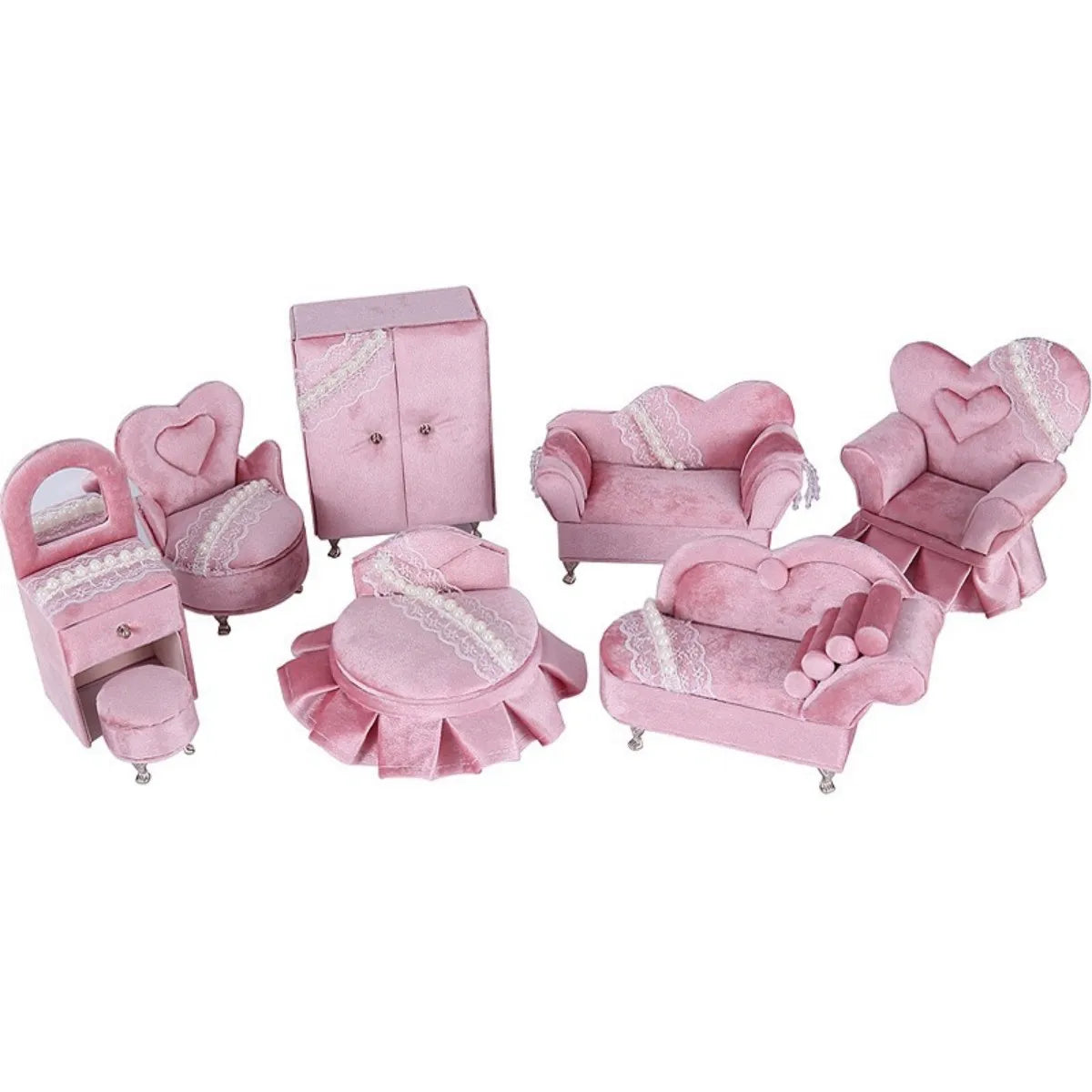 Princess Manor Velvet Pearl Lace Mini Furniture Jewelry Box Set – 7-Piece, Gift Ready