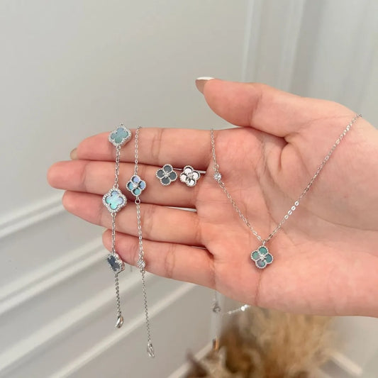 Mother of Pearl Clover Jewelry Set 925 Sterling Silver Necklace Bracelet Earrings