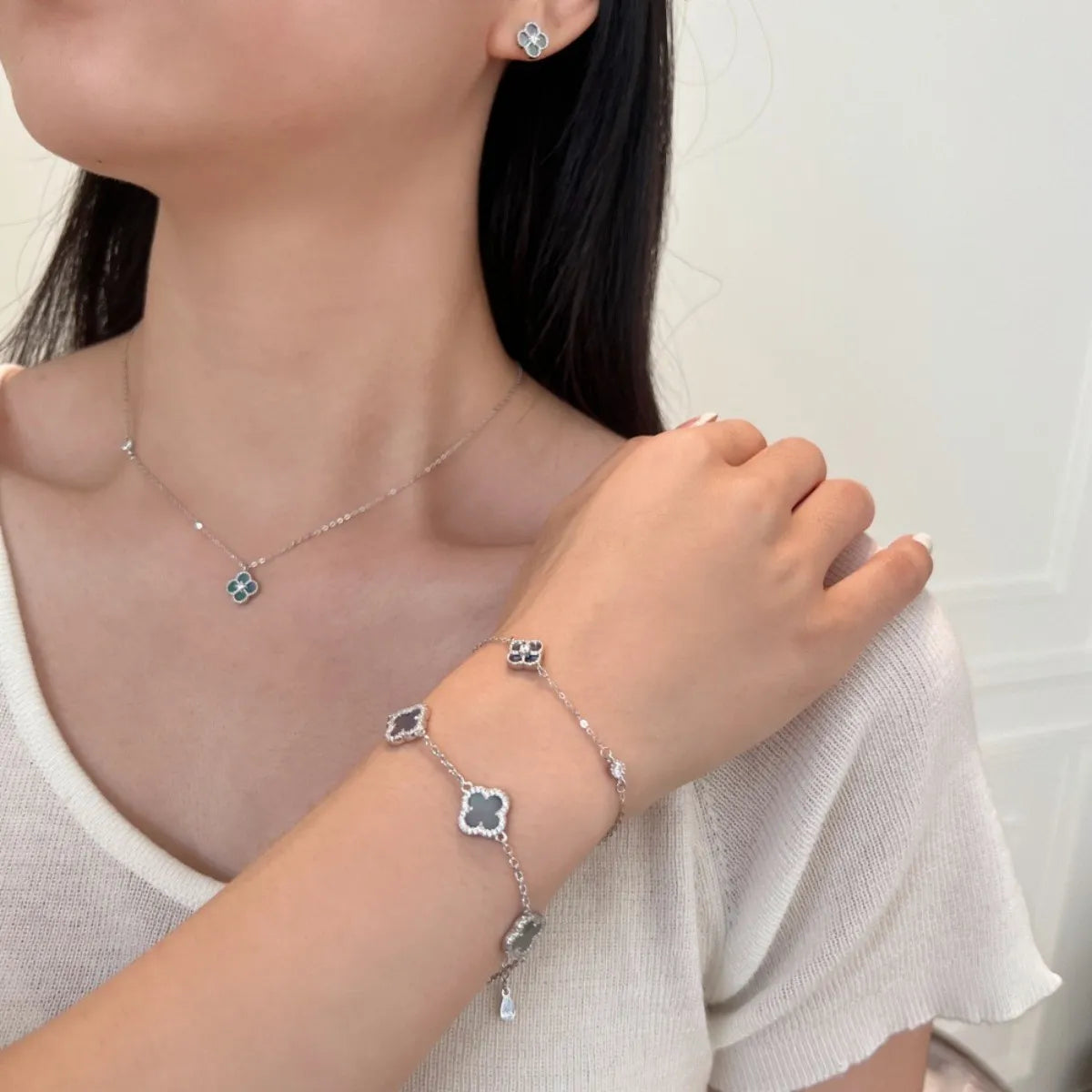 Mother of Pearl Clover Jewelry Set 925 Sterling Silver Necklace Bracelet Earrings