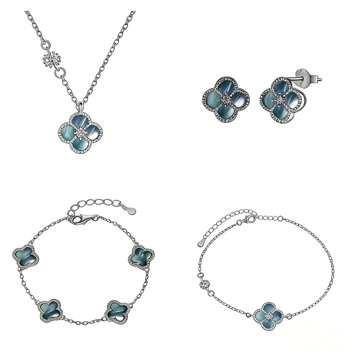 Mother of Pearl Clover Jewelry Set 925 Sterling Silver Necklace Bracelet Earrings