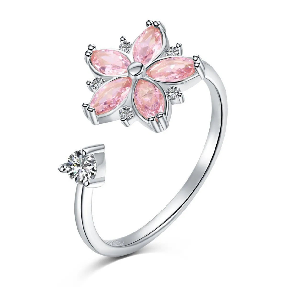 Blooming Spin 925 Silver Rotating Pink Blossom Ring – Adjustable & Playful