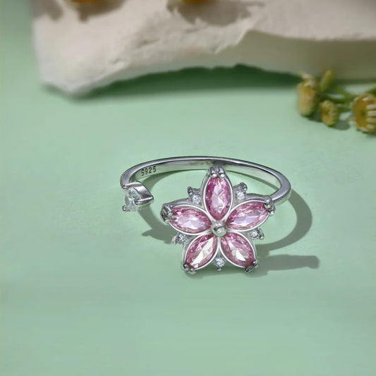 Blooming Spin 925 Silver Rotating Pink Blossom Ring – Adjustable & Playful