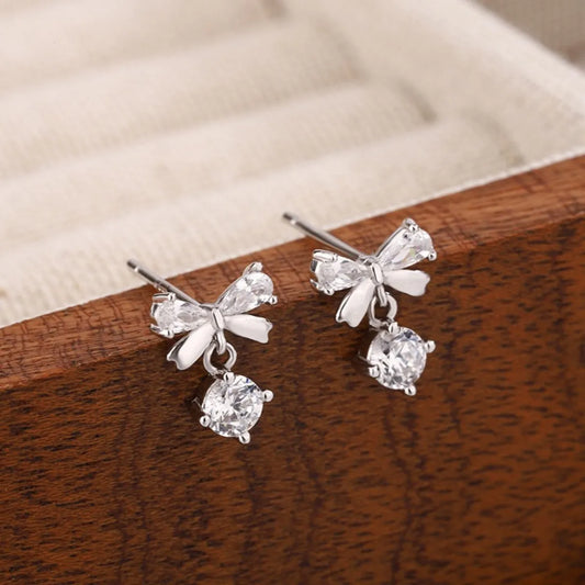 Hepburn Bow 999 Silver Bow Stud Earrings with Zircon – Chic & Elegant