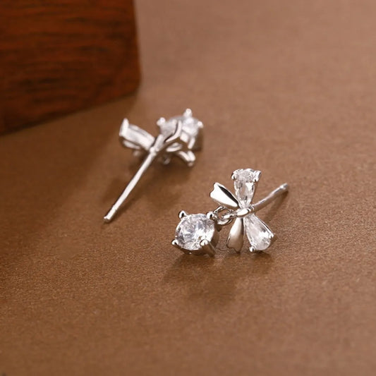 Hepburn Bow 999 Silver Bow Stud Earrings with Zircon – Chic & Elegant