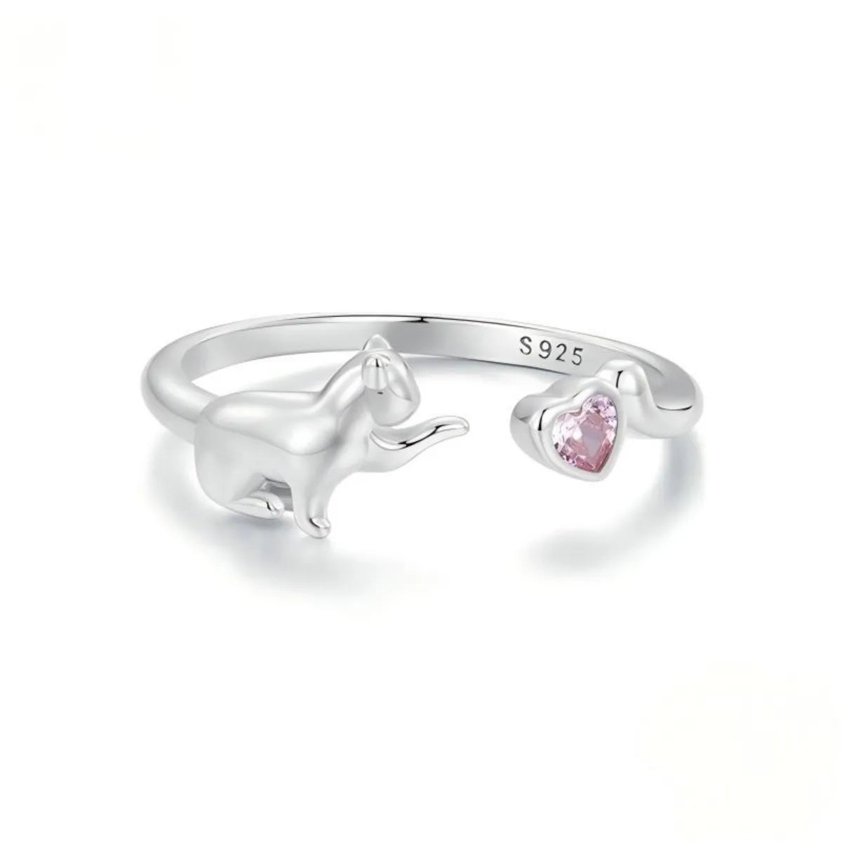 Playful Kitty 925 Sterling Silver Open Ring Adjustable Cat Pink Zircon Heart Gold or Silver