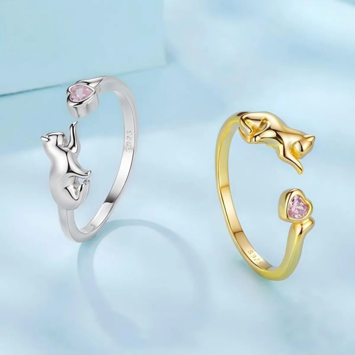 Playful Kitty 925 Sterling Silver Open Ring Adjustable Cat Pink Zircon Heart Gold or Silver