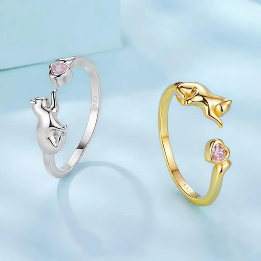 Playful Kitty 925 Sterling Silver Open Ring Adjustable Cat Pink Zircon Heart Gold or Silver