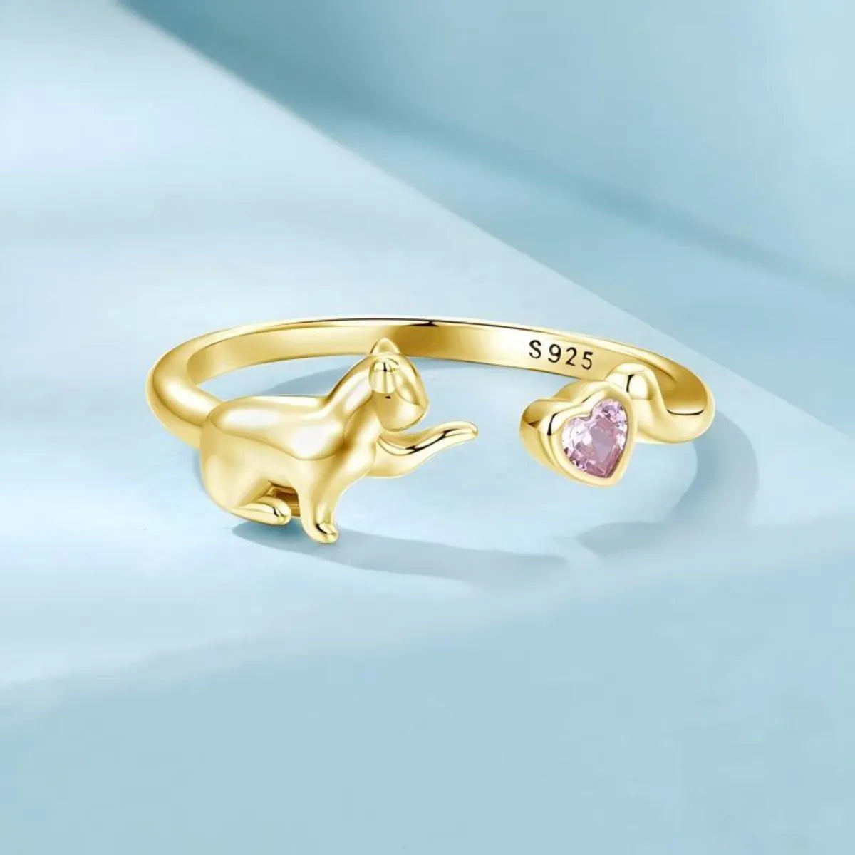 Playful Kitty 925 Sterling Silver Open Ring Adjustable Cat Pink Zircon Heart Gold or Silver