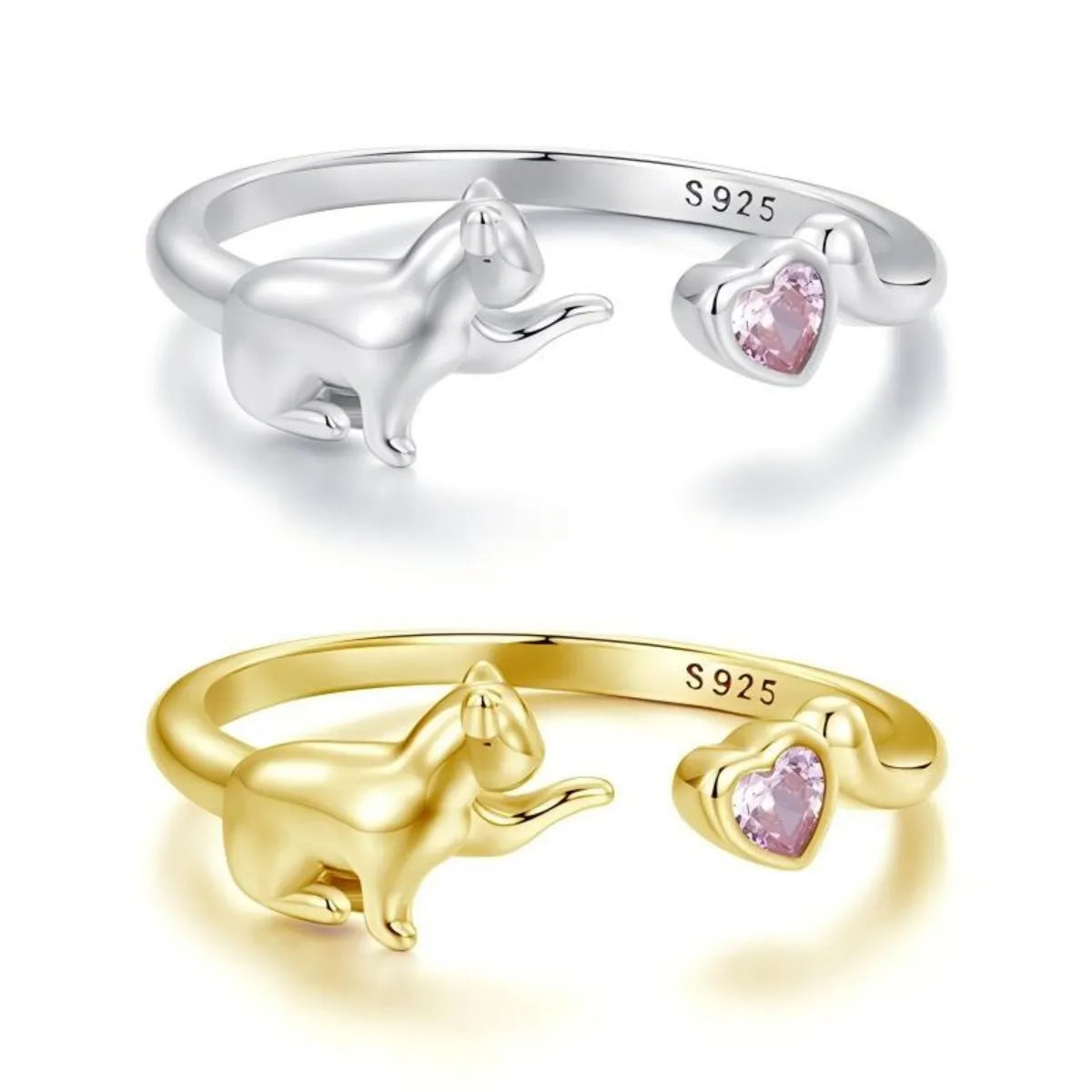 Playful Kitty 925 Sterling Silver Open Ring Adjustable Cat Pink Zircon Heart Gold or Silver