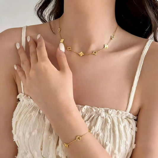 Luster Clover 925 Sterling Silver Necklace and Bracelet Set Laser Cut Clover Jewelry Set