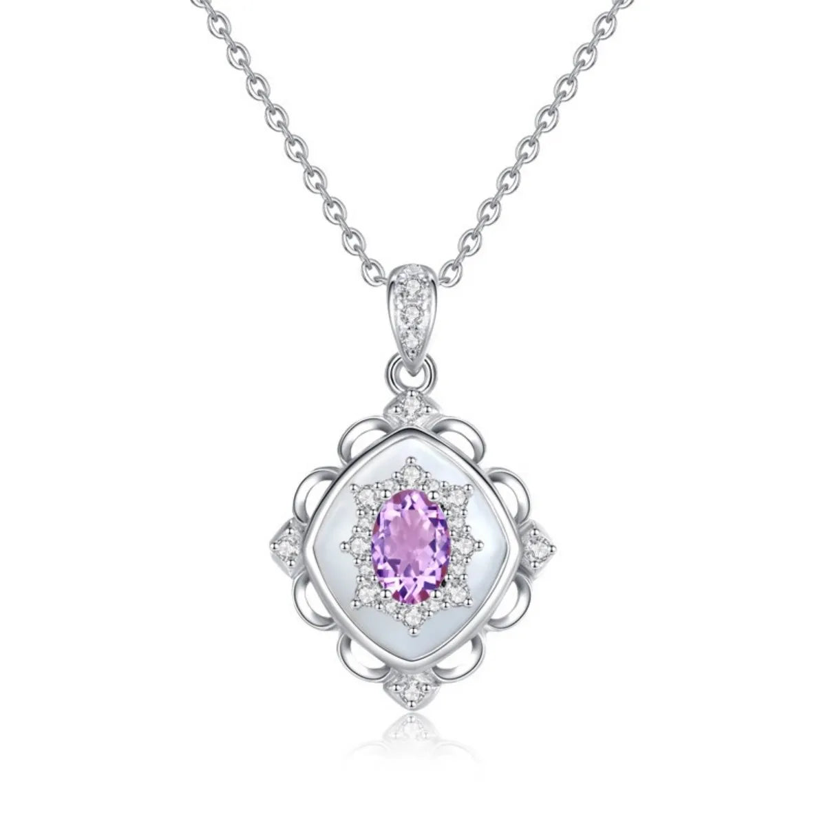925 Sterling Silver Crystal & Mother-of-Pearl Necklace Elegant Retro Pendant