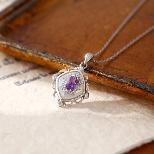 925 Sterling Silver Crystal & Mother-of-Pearl Necklace Elegant Retro Pendant