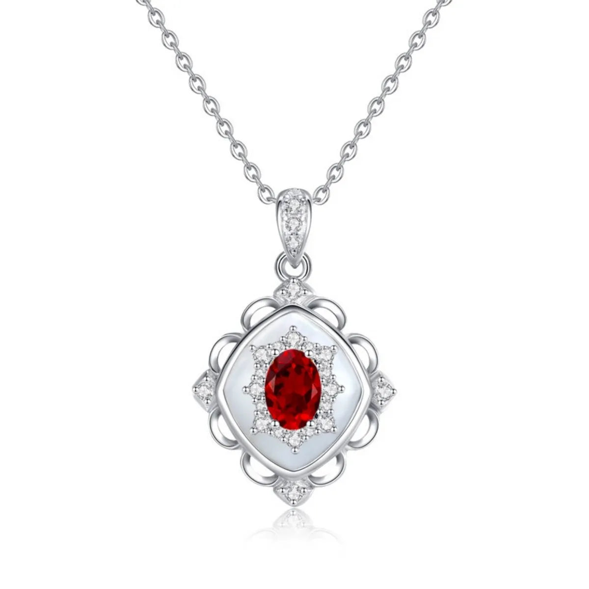 925 Sterling Silver Crystal & Mother-of-Pearl Necklace Elegant Retro Pendant