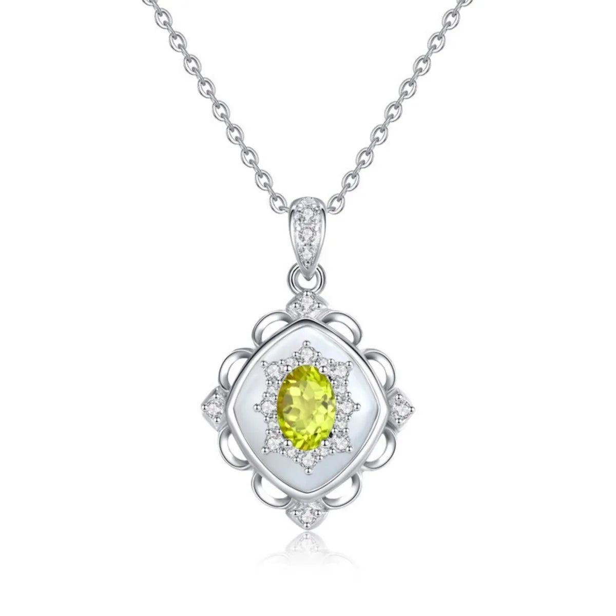 925 Sterling Silver Crystal & Mother-of-Pearl Necklace Elegant Retro Pendant