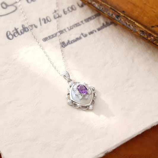 925 Sterling Silver Crystal & Mother-of-Pearl Necklace Elegant Retro Pendant