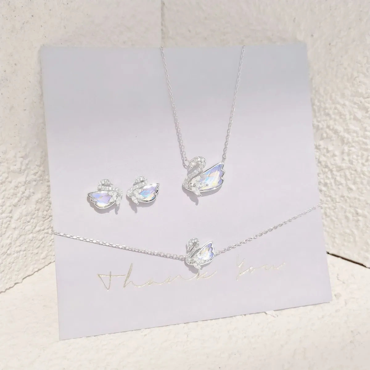 925 Sterling Silver Iridescent Swan Jewelry Set Crystal Necklace Earrings Bracelet