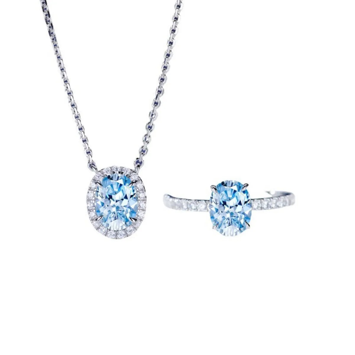 S925 Sterling Silver Oval Blue Zircon Necklace & Ring Set Elegant Jewelry