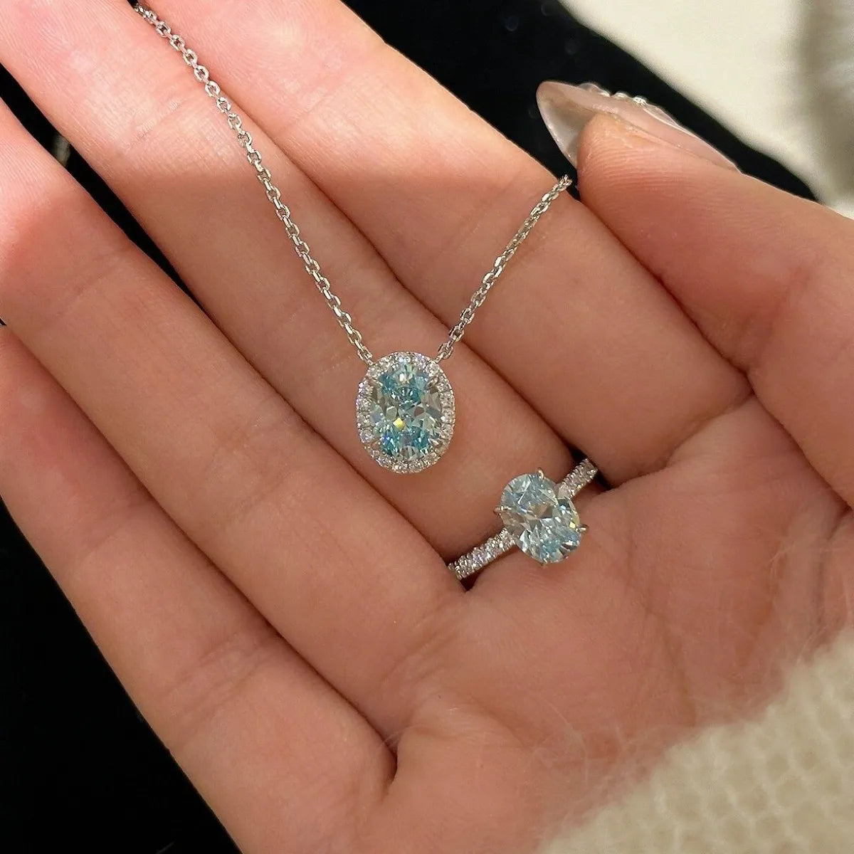 S925 Sterling Silver Oval Blue Zircon Necklace & Ring Set Elegant Jewelry