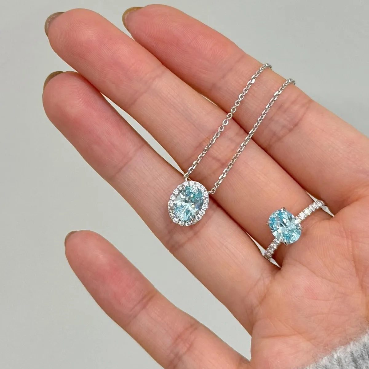 S925 Sterling Silver Oval Blue Zircon Necklace & Ring Set Elegant Jewelry