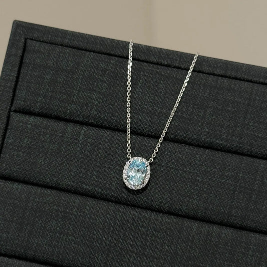 S925 Sterling Silver Oval Blue Zircon Necklace & Ring Set Elegant Jewelry