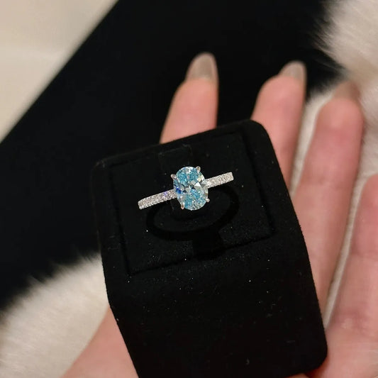 S925 Sterling Silver Oval Blue Zircon Necklace & Ring Set Elegant Jewelry
