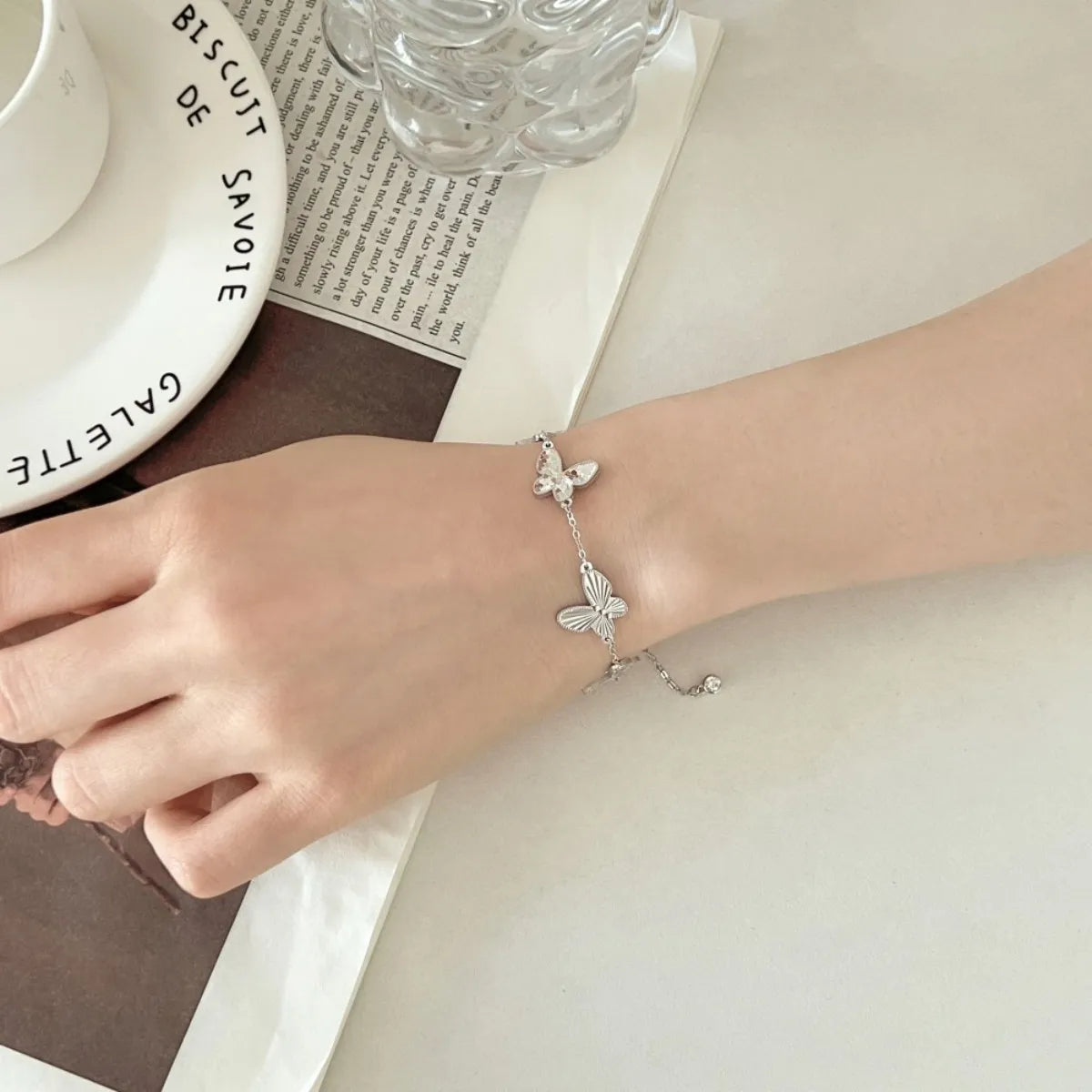 925 Sterling Silver Butterfly Bracelet Dual-Faced Adjustable Elegant
