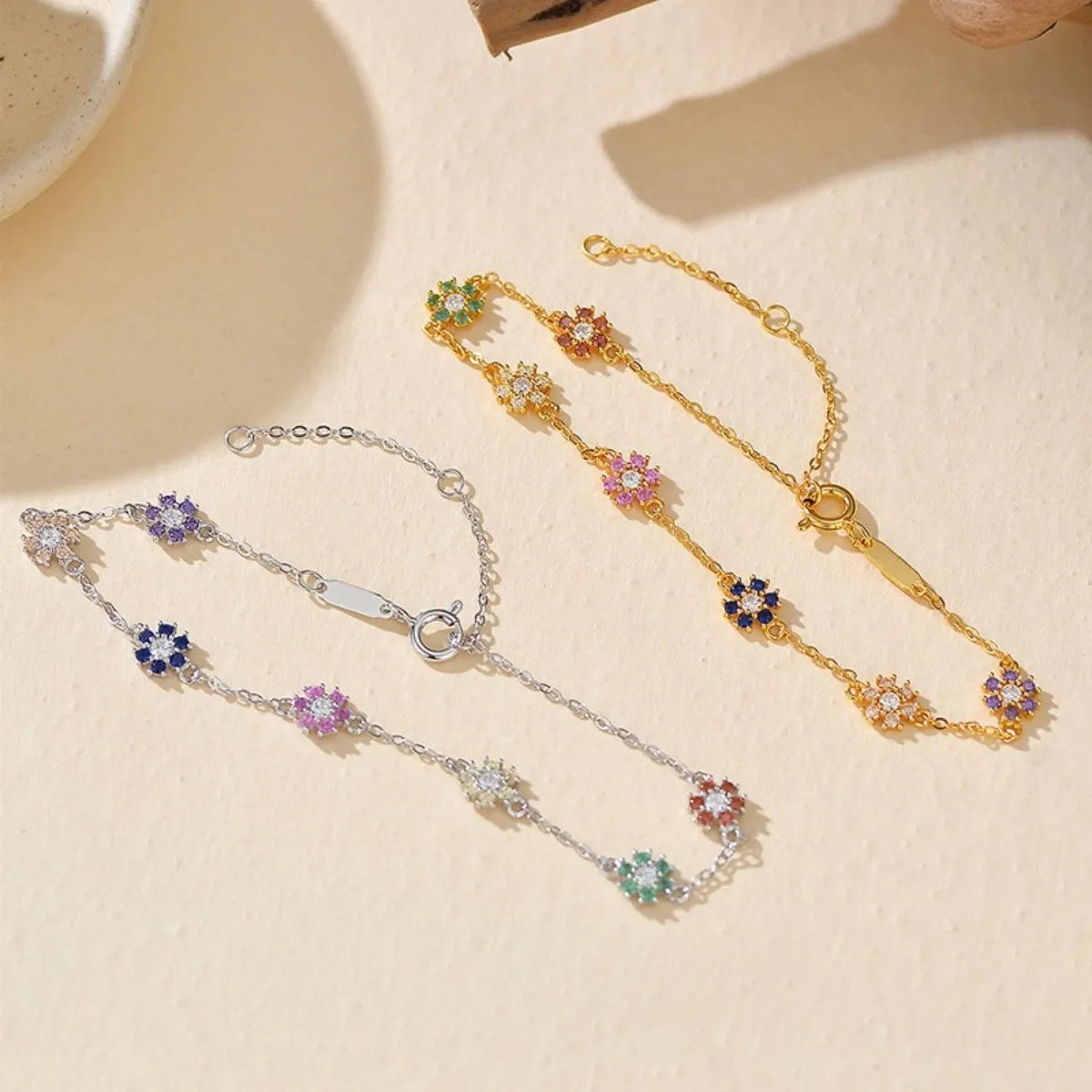 925 Sterling Silver Flower Bracelet with Adjustable Chain – Colorful Zircon Jewelry