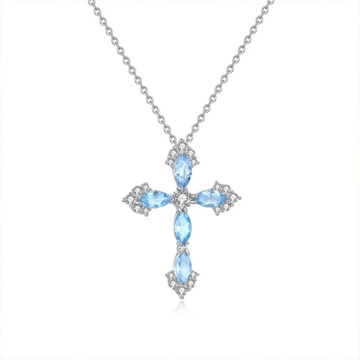 925 Sterling Silver Topaz-Blue Cross Pendant Necklace Adjustable Mystical Jewelry