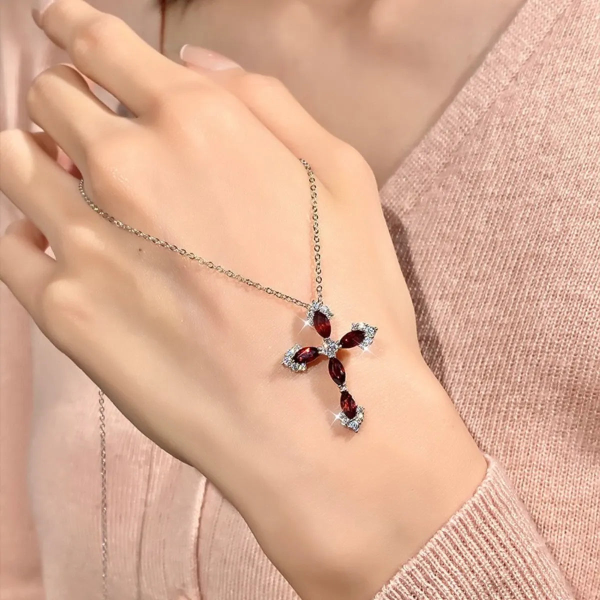 925 Sterling Silver Topaz-Blue Cross Pendant Necklace Adjustable Mystical Jewelry