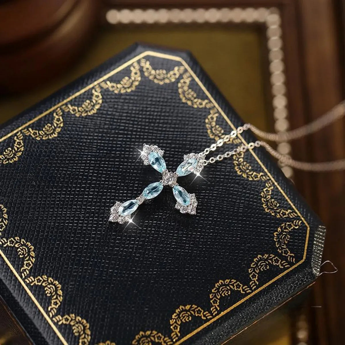 925 Sterling Silver Topaz-Blue Cross Pendant Necklace Adjustable Mystical Jewelry