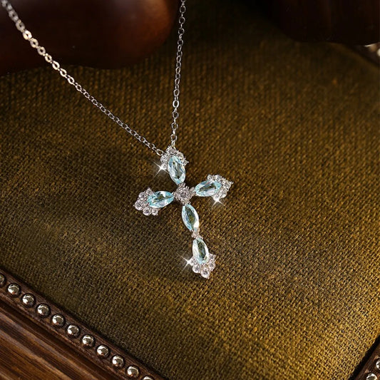 925 Sterling Silver Topaz-Blue Cross Pendant Necklace Adjustable Mystical Jewelry