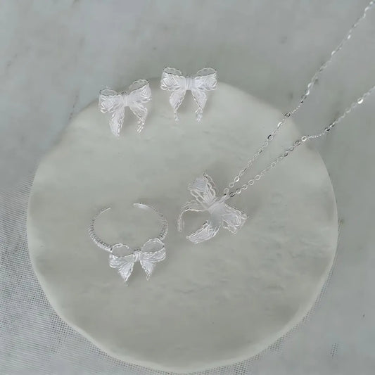 925 Sterling Silver French Bow Jewelry Set Necklace Earrings Ring