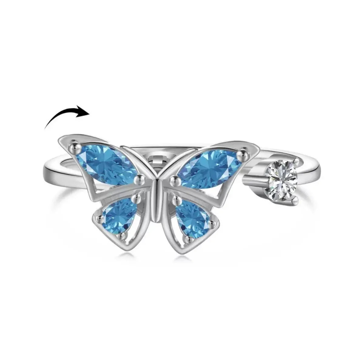 925 Sterling Silver Adjustable Butterfly Ring Movable Wings Zircon