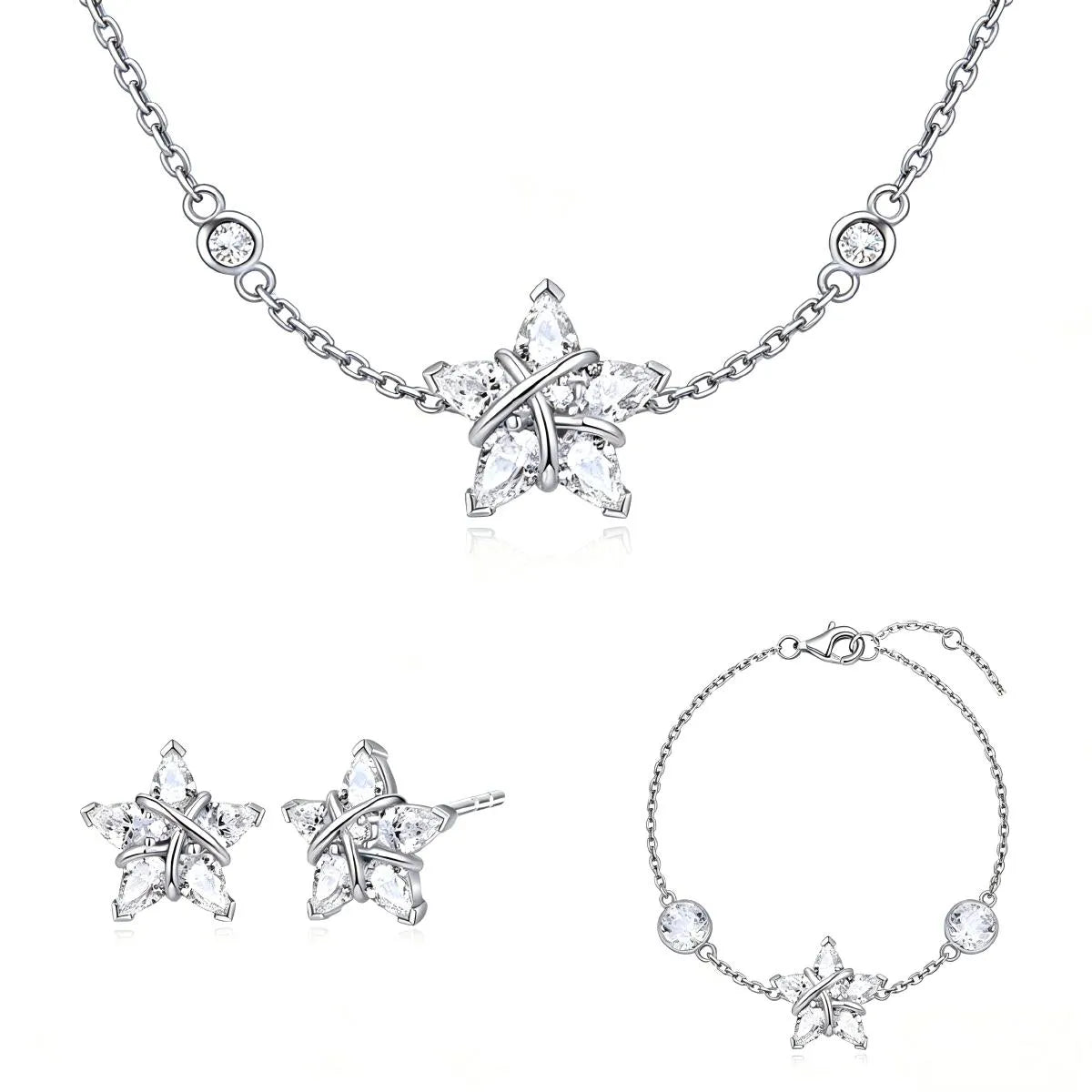 925 Sterling Silver Wishing Star Jewelry Set Necklace Earrings Bracelet