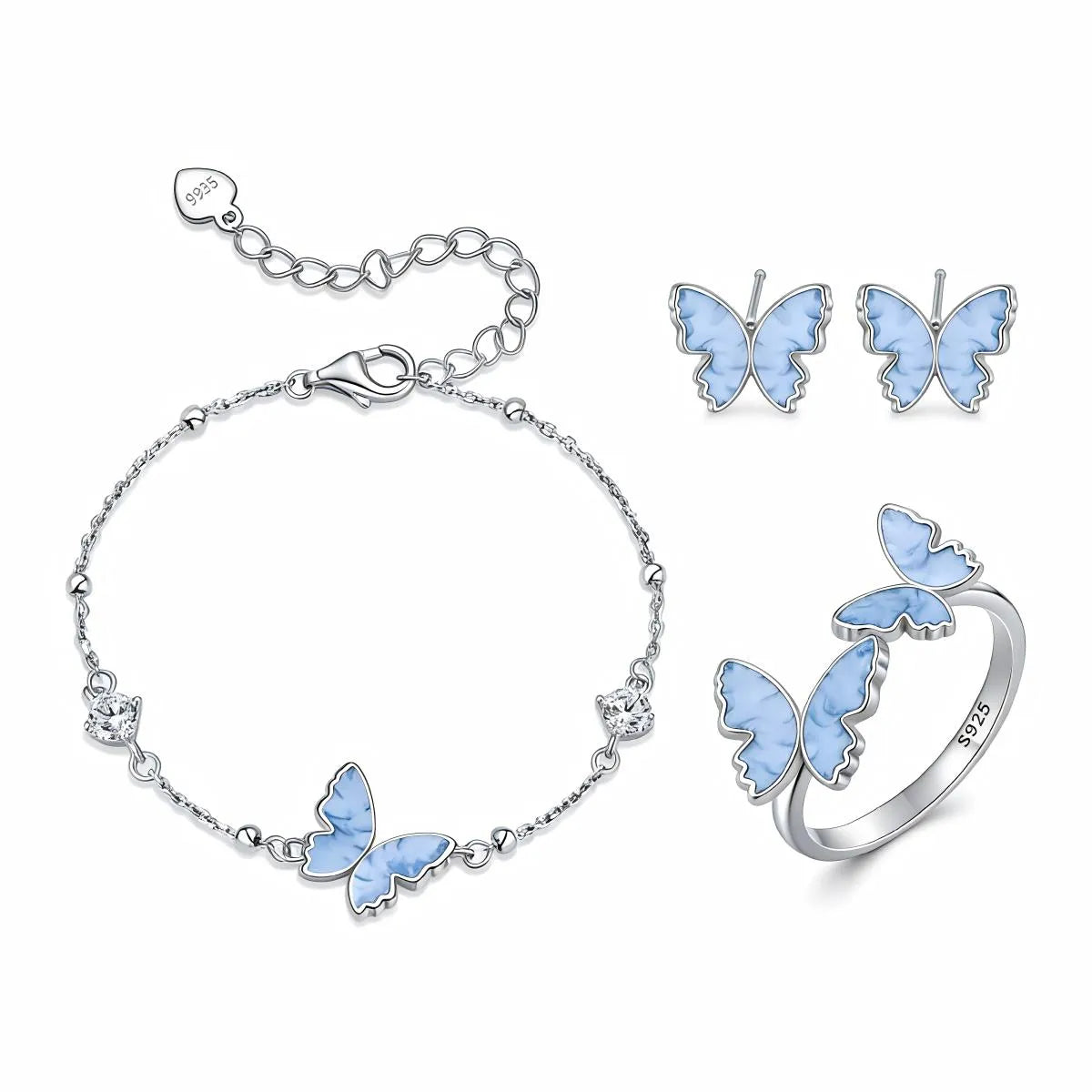 925 Sterling Silver Blue Enamel Butterfly Jewelry Set Earrings Ring Bracelet
