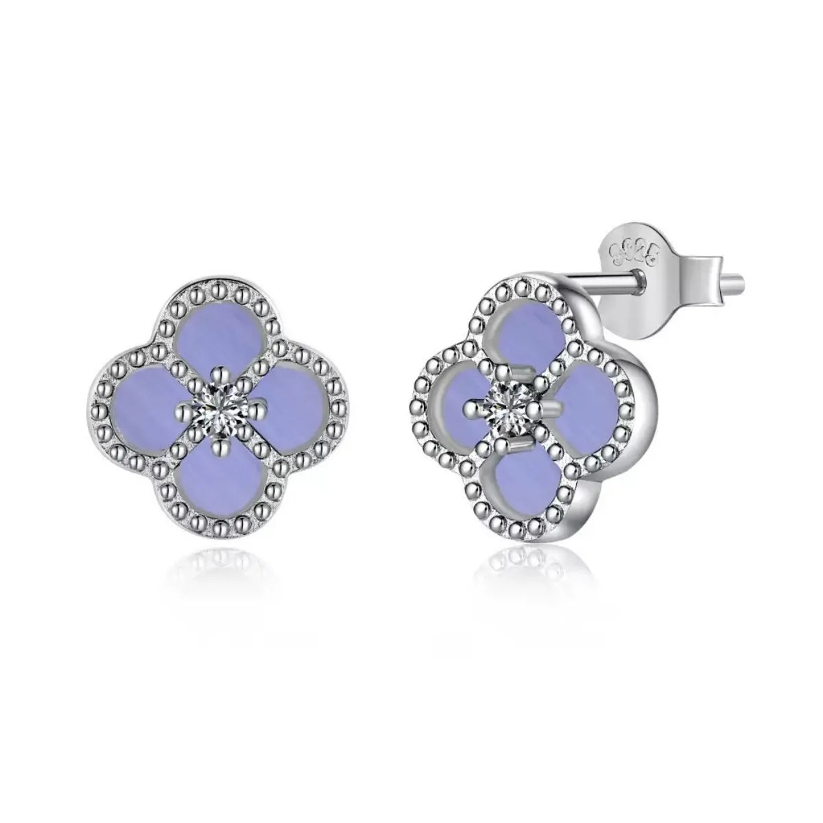 925 Sterling Silver Violet Clover Jewelry Set Necklace Earrings Bracelet