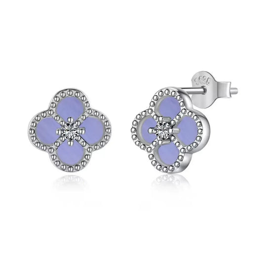 925 Sterling Silver Violet Clover Jewelry Set Necklace Earrings Bracelet