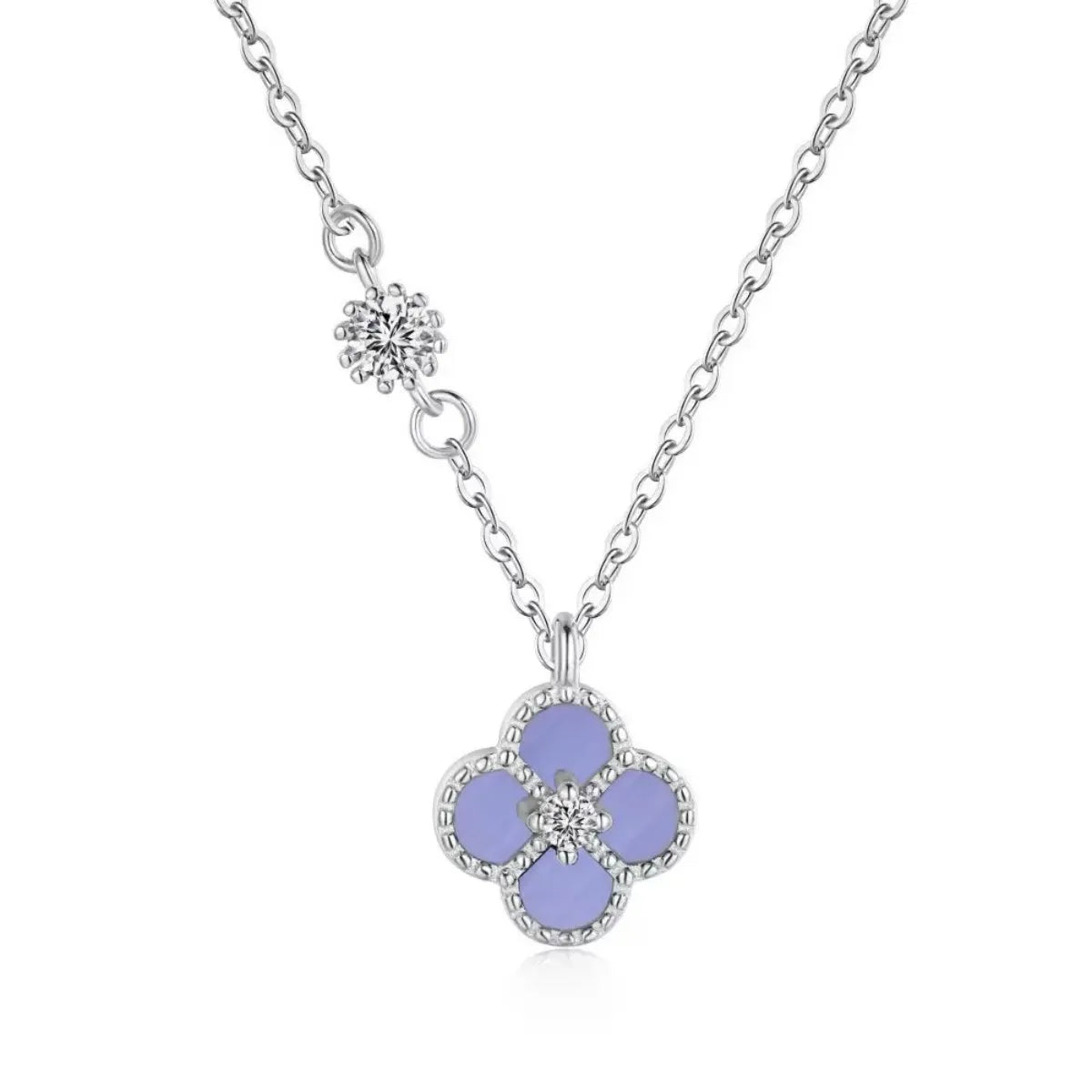925 Sterling Silver Violet Clover Jewelry Set Necklace Earrings Bracelet