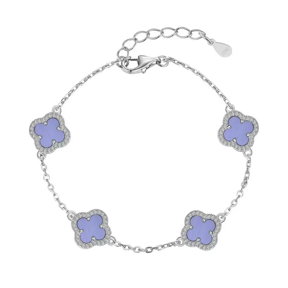925 Sterling Silver Violet Clover Jewelry Set Necklace Earrings Bracelet