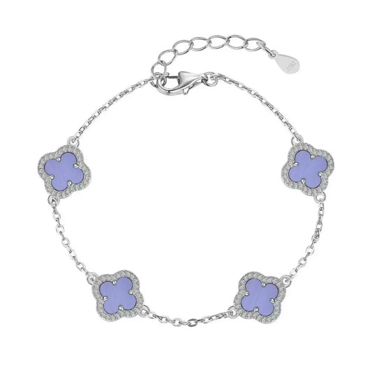 925 Sterling Silver Violet Clover Jewelry Set Necklace Earrings Bracelet