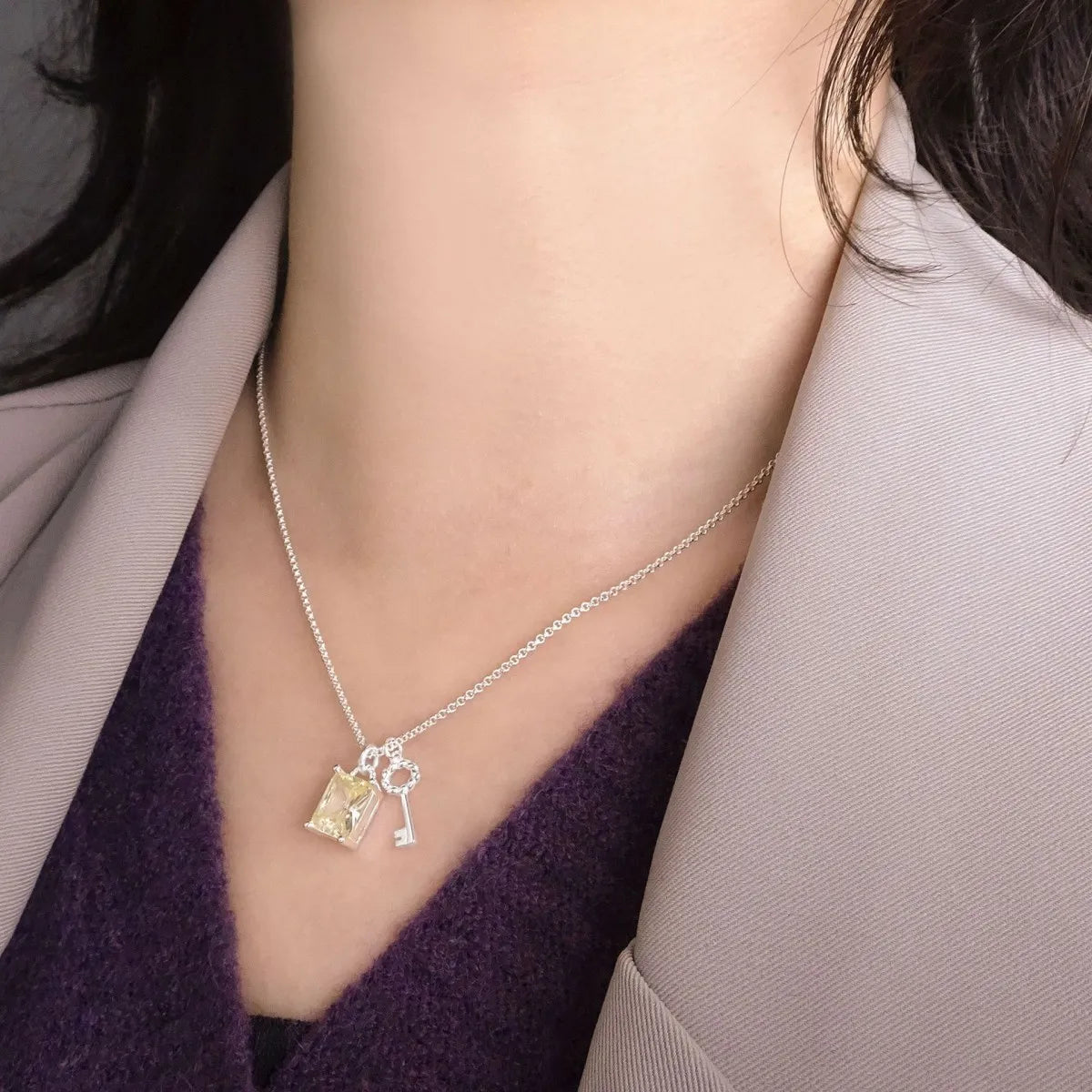 925 Sterling Silver Crystal Key Pendant Necklace – Adjustable & Elegant