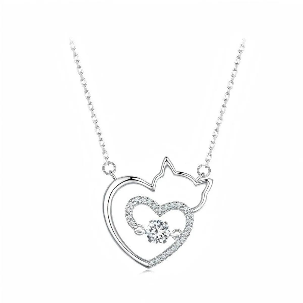 925 Silver Sprightly Cat Necklace White Gold Plated, Sparkling Zircon
