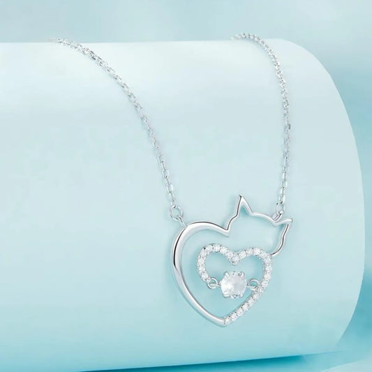 925 Silver Sprightly Cat Necklace White Gold Plated, Sparkling Zircon