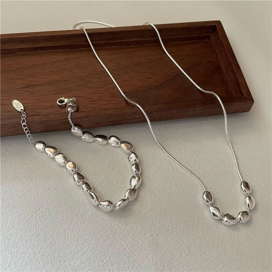 S925 Silver Beans Necklace & Bracelet Set – Chic Minimalist Jewelry