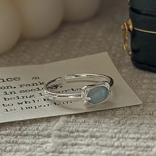 925 Silver Adjustable Ring Aquamarine Color Stone Minimalist