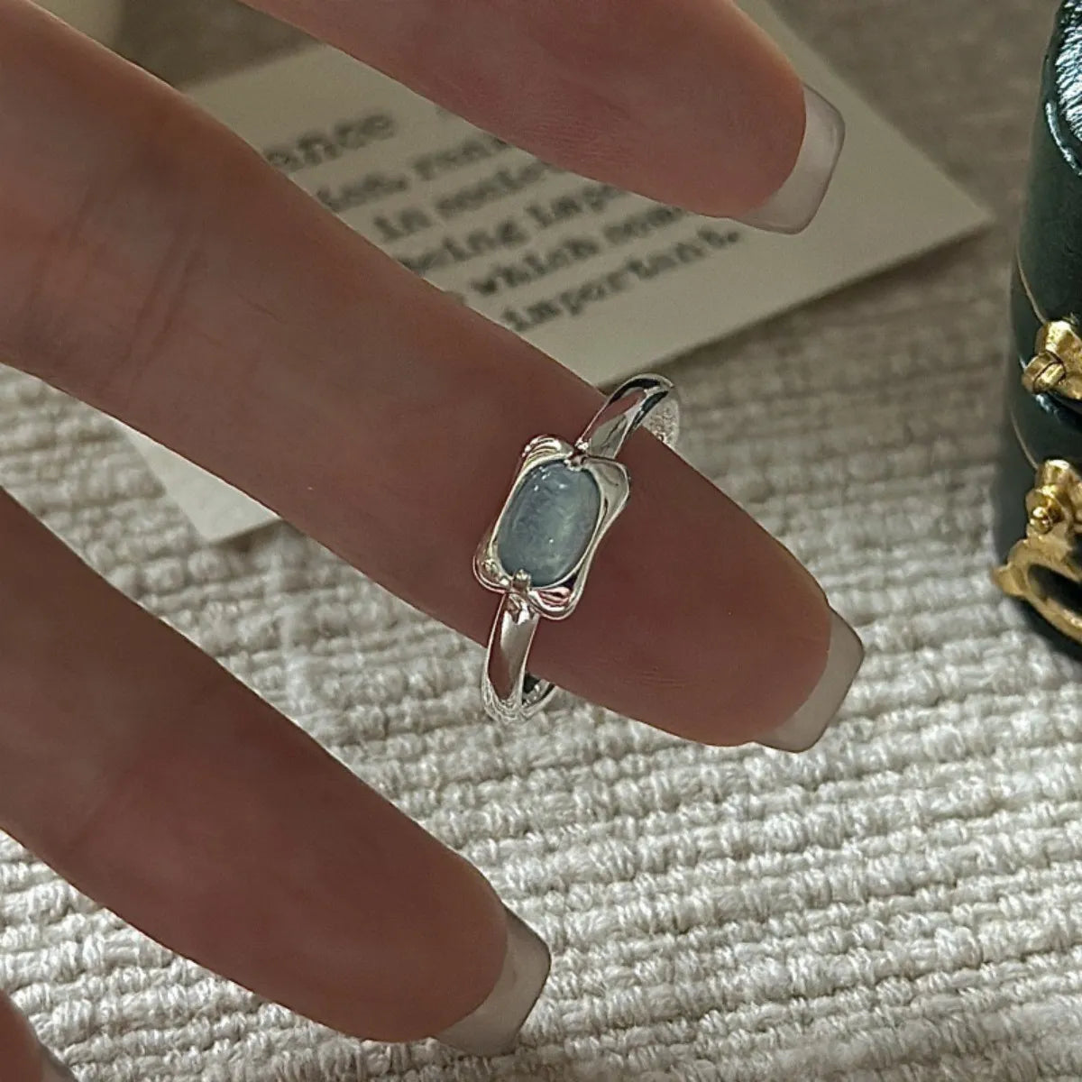 925 Silver Adjustable Ring Aquamarine Color Stone Minimalist