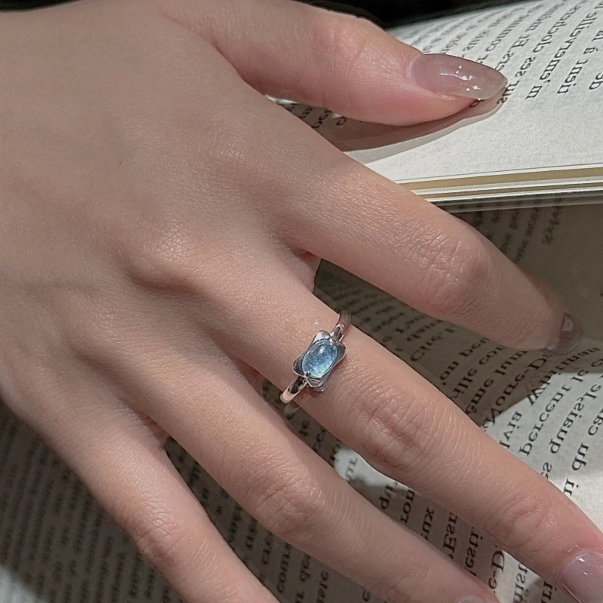925 Silver Adjustable Ring Aquamarine Color Stone Minimalist