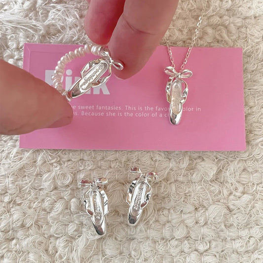 925 Silver Ballet Shoes Jewelry Set Necklace Earrings Ring Elegant