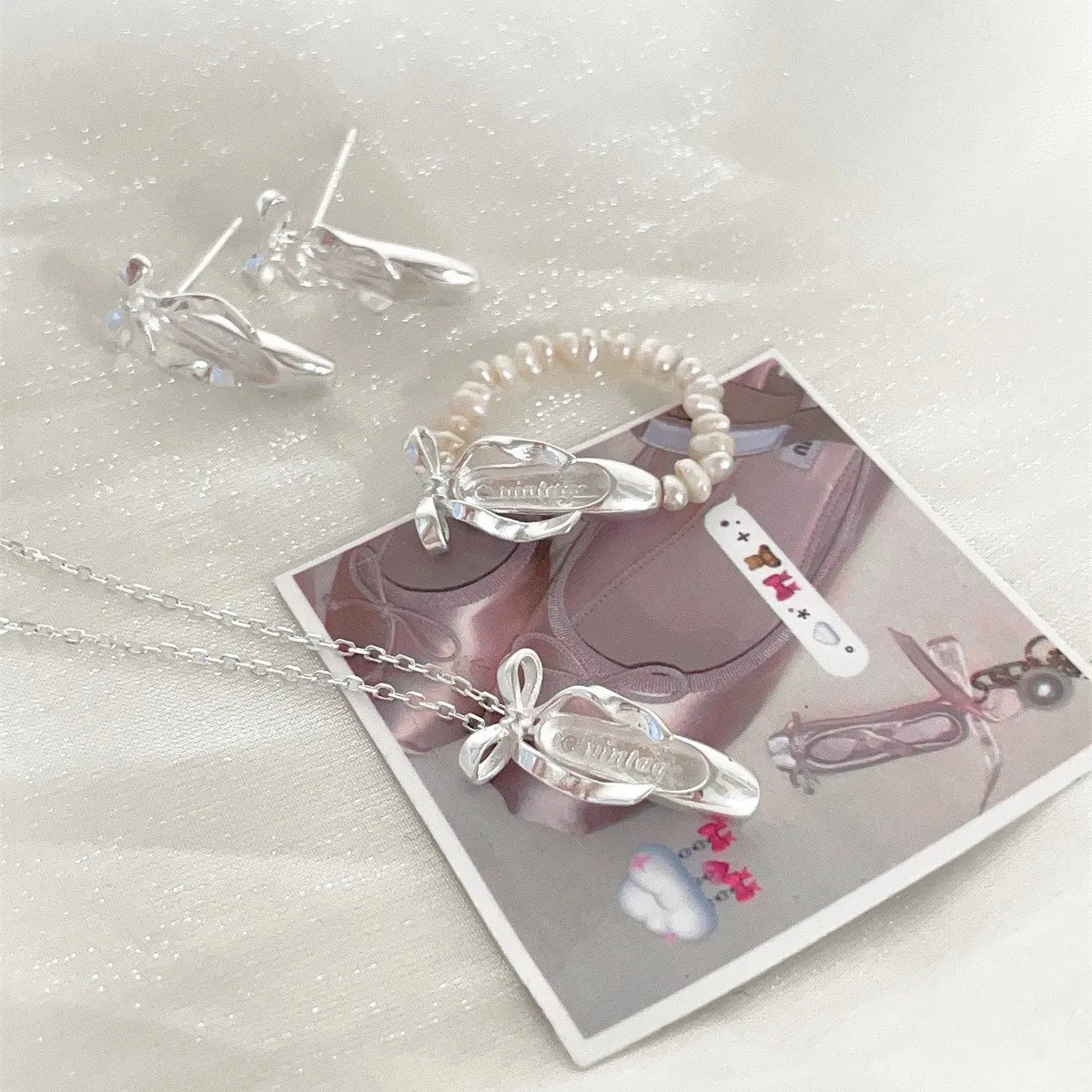 925 Silver Ballet Shoes Jewelry Set Necklace Earrings Ring Elegant