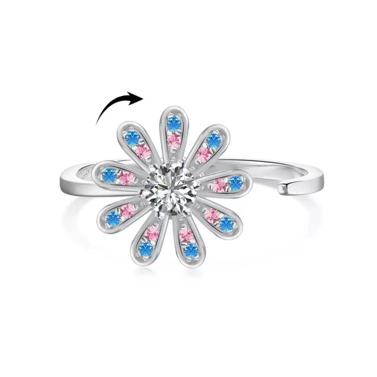 925 Silver Rotating Flower Ring Adjustable Stress Relief Spinner